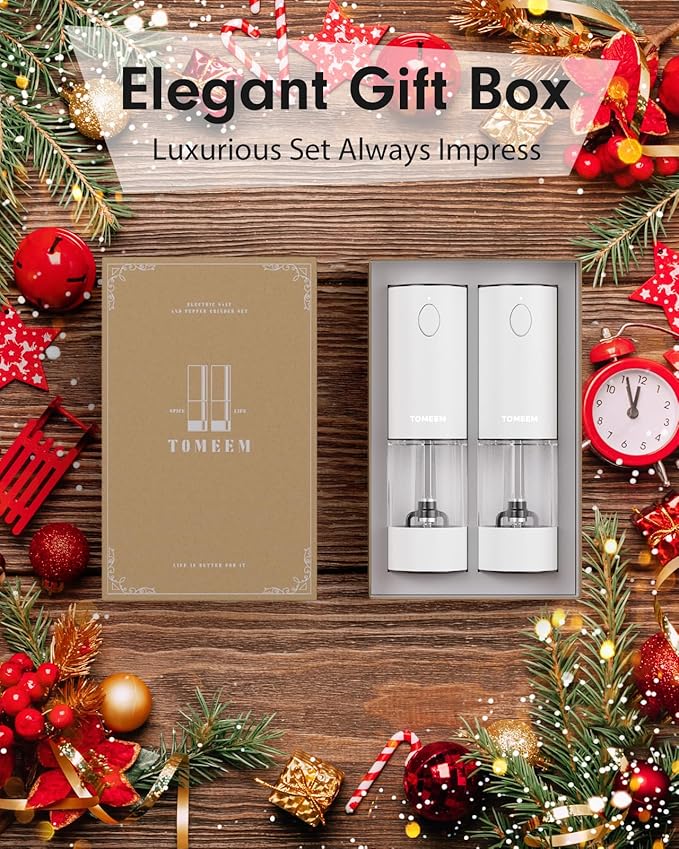 TOMEEM Upgraded Larger Capacity Electric Salt and Pepper Grinder Set Rechargeable with LED lights, Stainless Steel Automatic Pepper and Salt Grinder Refillable with 5 Adjustable Coarseness White