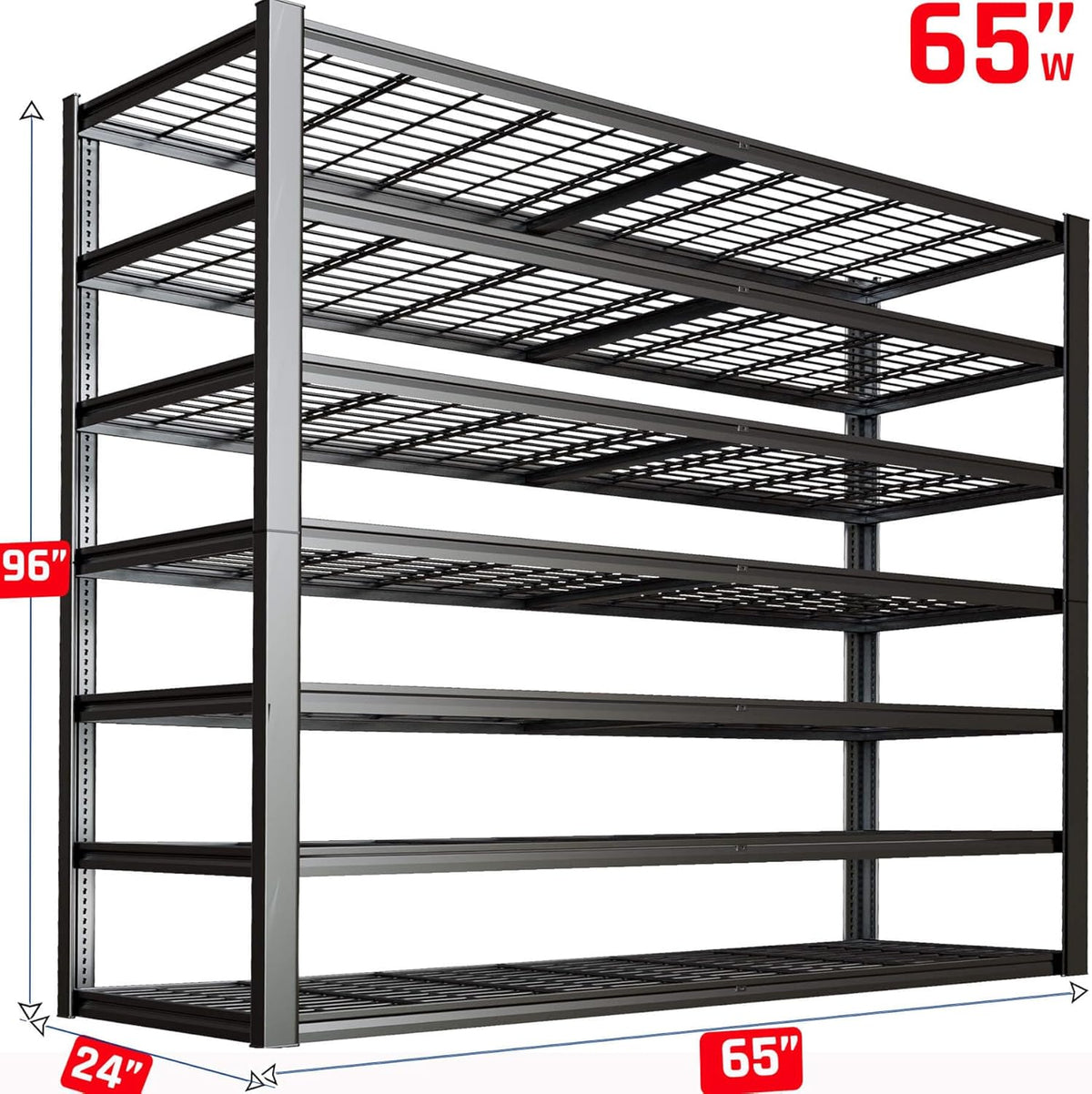7 Tier Garage Shelving Heavy Duty,65" W Garage Shelves, 65" W x 96" H x 24" D Adjustable Storage Shelving Unit, Commercial Metal Shelves for Warehouse, Basement