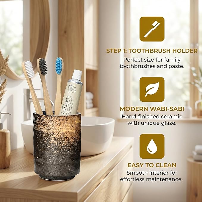 Ceramic Spoon Holder for Coffee Bar, Upright Tea Spoon Holder Cup, Coffee Stirrers Straws Stir Stick Holder, Frost on Brown Earth