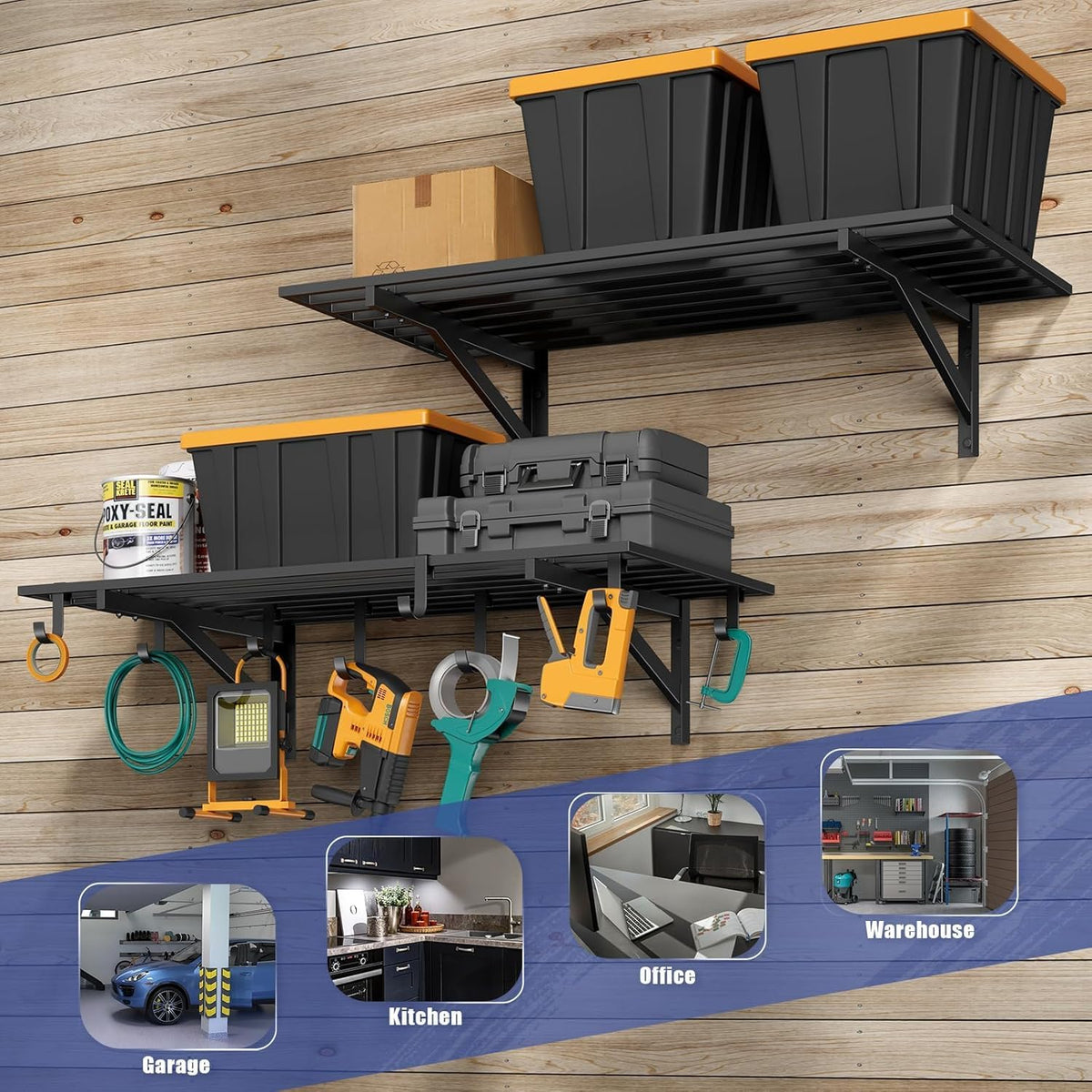 2-Pack 2x4ft Garage Shelving Wall Mounted, 2' x 4' Heavy Duty Garage Storage Shelves with Hooks, 400LB Capacity