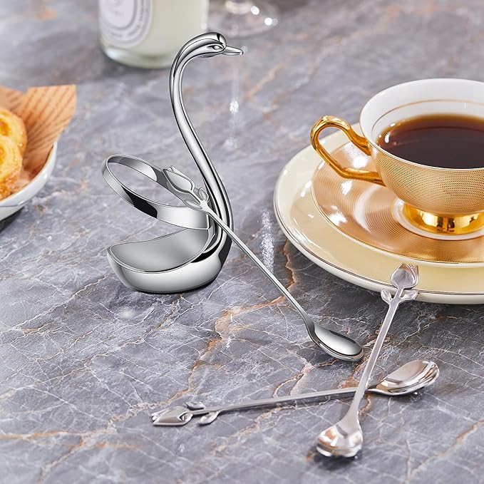 Silver Small Coffee Spoon Holder Set,Swan Base With 12 Pcs Demitasse Espresso Spoons Set,6" Mini Tulip/Rose Dessert Spoon,Stainless Steel Tea Spoons
