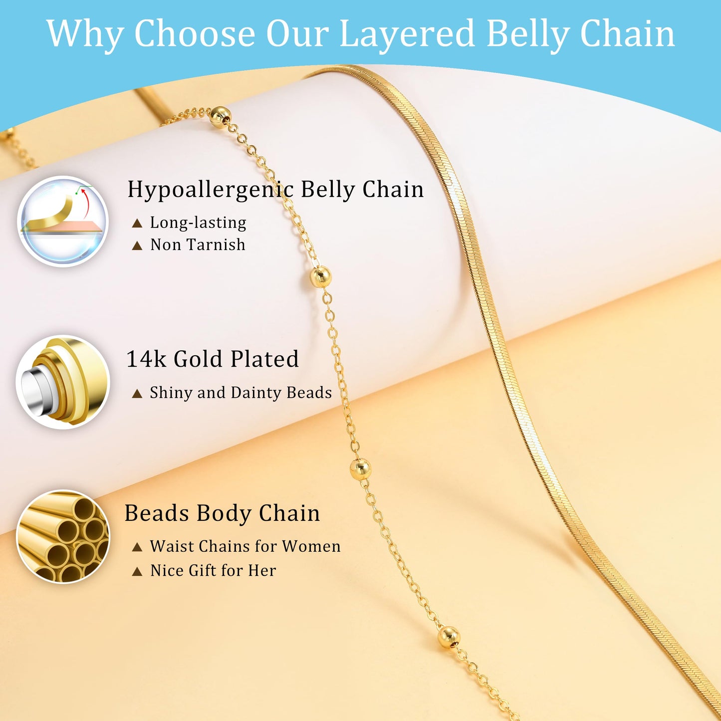 CHESKY 14K Gold Plated Waist Chain for Women, Layered Belly Belt Chains Beach Waist Beads Chain Waterproof Herringbone Snake Body Chain Summer Jewelry Accessories for Women
