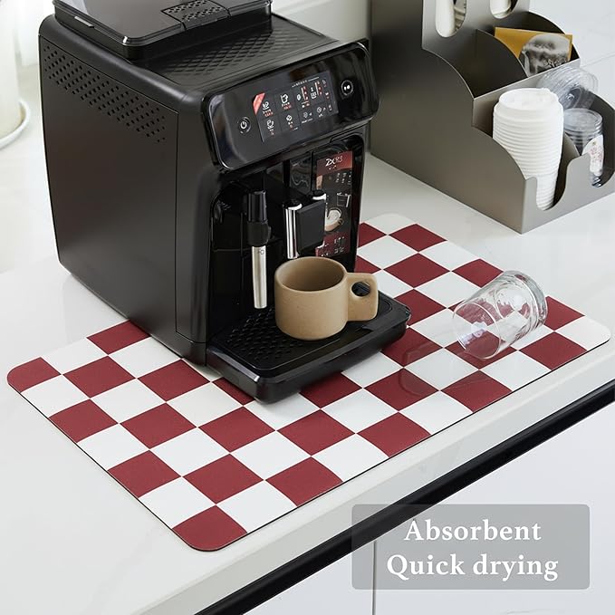 Ohocut Red Checkered Dish Drying Mat for Kitchen Counter, Coffee Bar Station Accessories, Retro Cute Aesthetic Modern Absorbent Drainer Mat Kitchen Drying Mat Easy Clean 19" x 12"