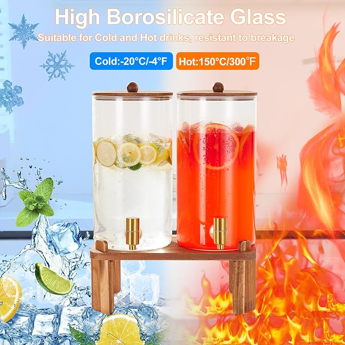 2 PCS 1.5 Gallon Drink dispenser, Glass Beverage Dispenser With Wood Stand, Large Water Drink Dispensers for Parties With Stainless Steel Spigot, Ideal for Lemonade,Juice, Tea, and Party Drinks