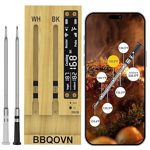 WiFi Sub-1G Wireless Meat Thermometer Unlimited Range 7 NIST Certified Sensors with Ambient Temp 2 Temp Monitoring Ways Digital Smart Base and App for BBQ, Smoker, Grill, Oven (2, black, small)