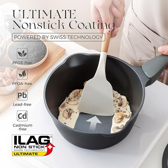 PRICUSIS Ceramic Nonstick Saucepan with Lid, 1.3 Quart Non Toxic Pot with Pour Spouts, Full Coated, 100% Dishwasher Safe, Induction Compatible & Oven Safe, PFOS & PFOA Free, Black Sesame