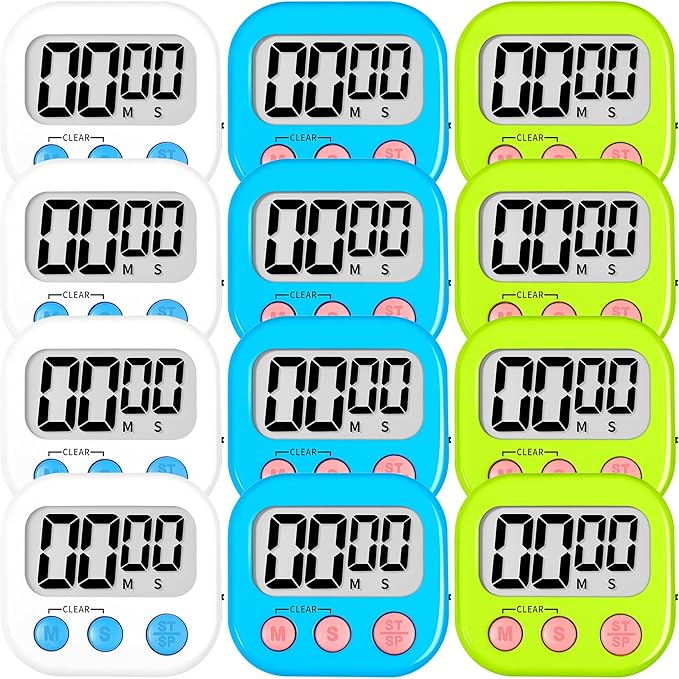 ZILLEEN 12 Pack Kitchen Timers for Cooking Digital Classroom Timers for Teachers Kids White Blue Green