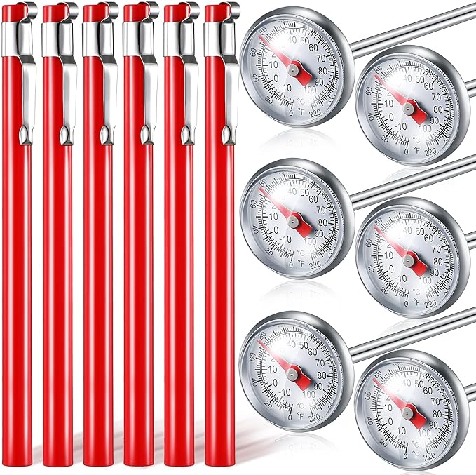 Xuhal 6 Pcs Stainless Steel Kitchen Thermometer with 5 Inch Long Stem 1 Inch Dial Thermometer Milk Frothing Food for Oven Probe Meat Grill BBQ Cooking Chocolate Water(Red)