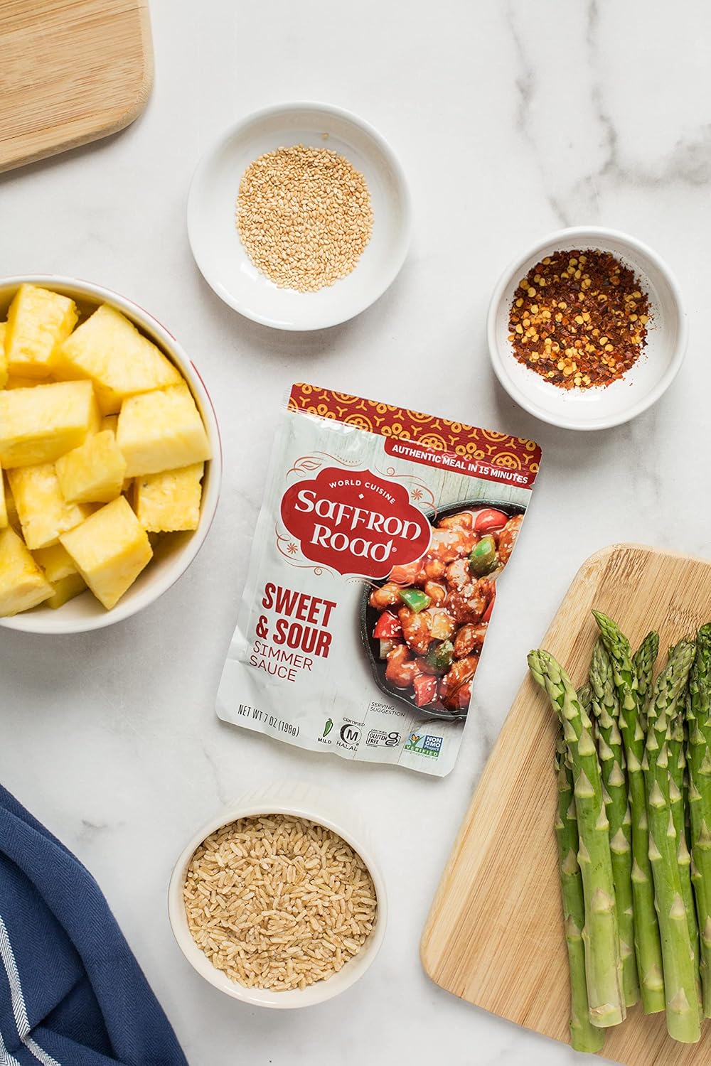 Saffron Road Sweet and Sour Simmer Sauce | Globally Inspired Simmer Sauce | Gluten-free, Vegan, Non-GMO, and Certified Halal and Kosher | 7.0oz Pouch | Pack of 8