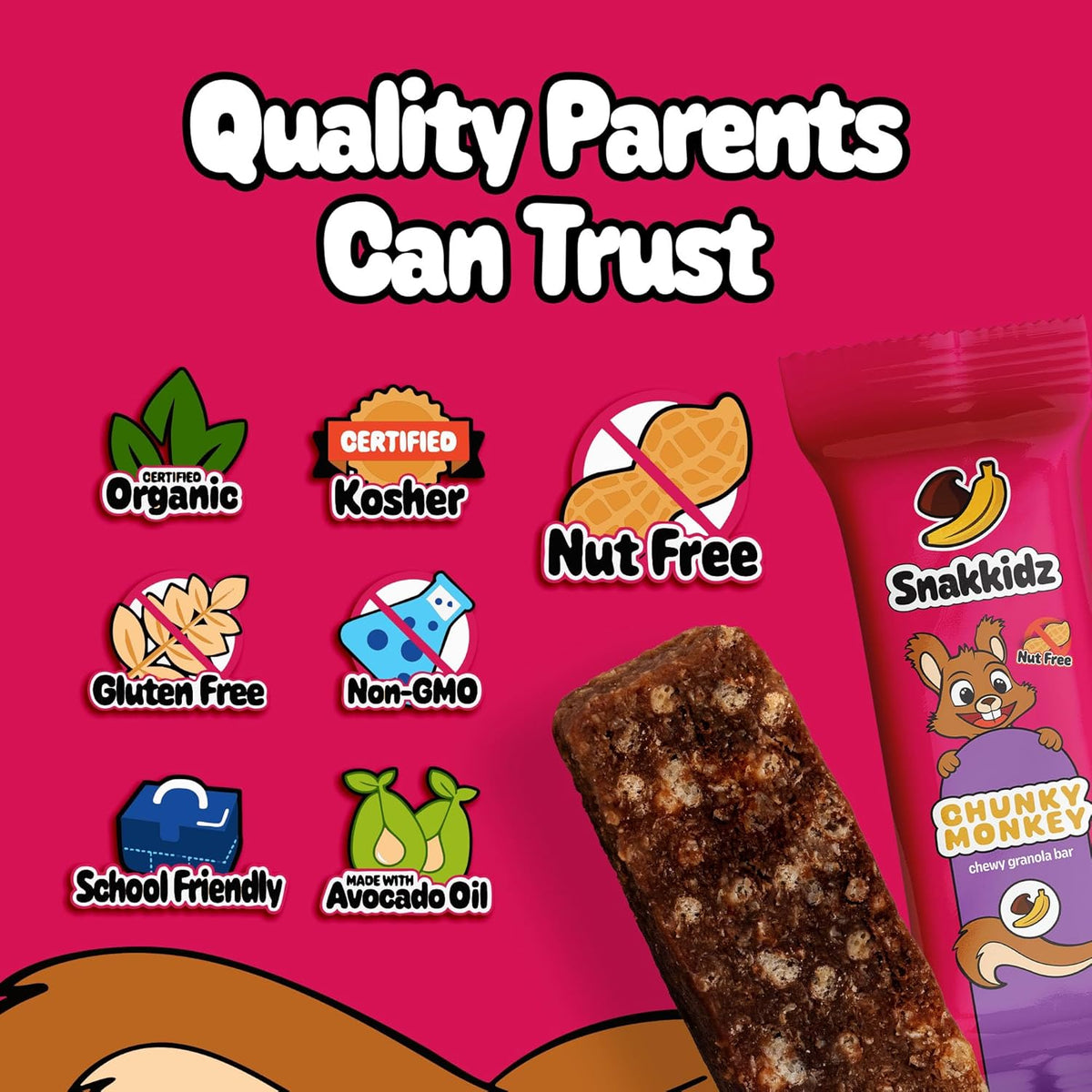 Snakkidz Organic Chewy Granola Bar, Allergen Free, Made with Avocado Oil, Low Sugar (15 Bars, Chunky Monkey)