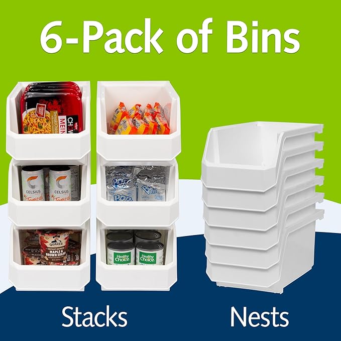 Large Plastic Containers for Organizing and Storage Bins for Closet, Kitchen, Office, or Pantry Organization, 14.75-Inch x 8-Inch x 7-Inch 6-Pack, White, Large
