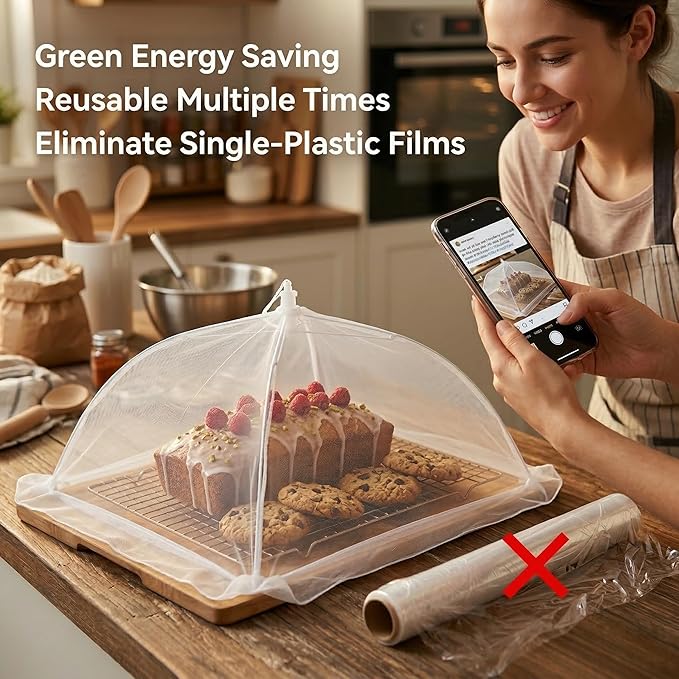 4-Pack Food Cover Mesh Food Tent for Kitchen and Outdoor Use,2 x 17-inch & 2 x 14-inch Pop-Up Screen Tents to Protect Plants Plastic,Collapsible Reusable Covers for BBQ,Fruit Baskets, Parties, Camping