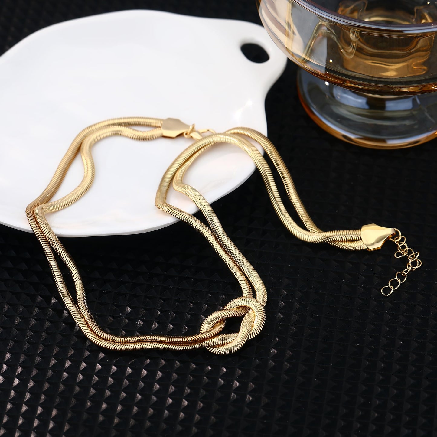 BONJOULRY Chunky Gold Knot Choker Necklace for Women Herringbone 14K Gold Plated Simple Choker Necklace Snake Chain Design Hypoallergenic Chunky Women's Snake Chain Necklaces