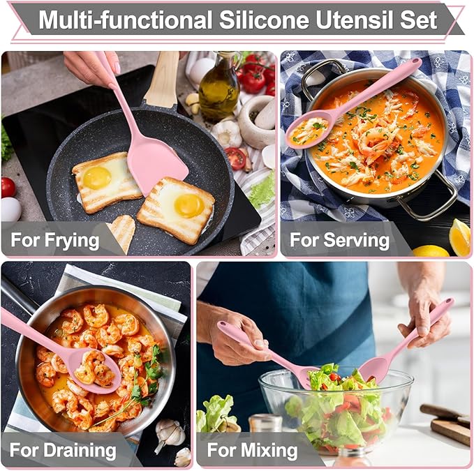 P&P CHEF Kitchen Utensil Set, 4 Pieces Non-stick Silicone Cooking Utensils, Heat-resistant Slotted Solid Spoon Turner for Frying, Mixing, Serving, Non-toxic & Easy to Clean, Pink
