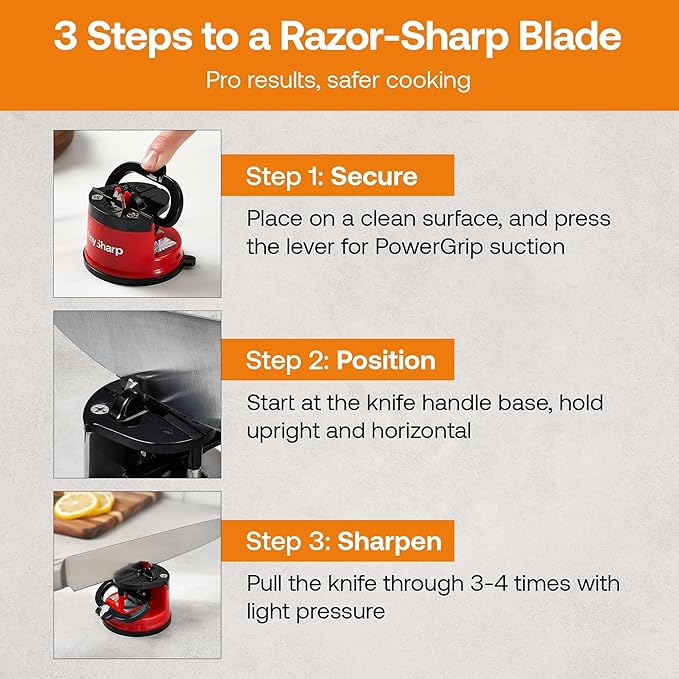 AnySharp – Global – Hands Free Knife Sharpener - Easy to Use Sharpening Tool with PowerGrip Suction Base and 20-Degree Pre-Set Angle - for All Knives: Chef's, Serrated, and Hardened Steel - Red