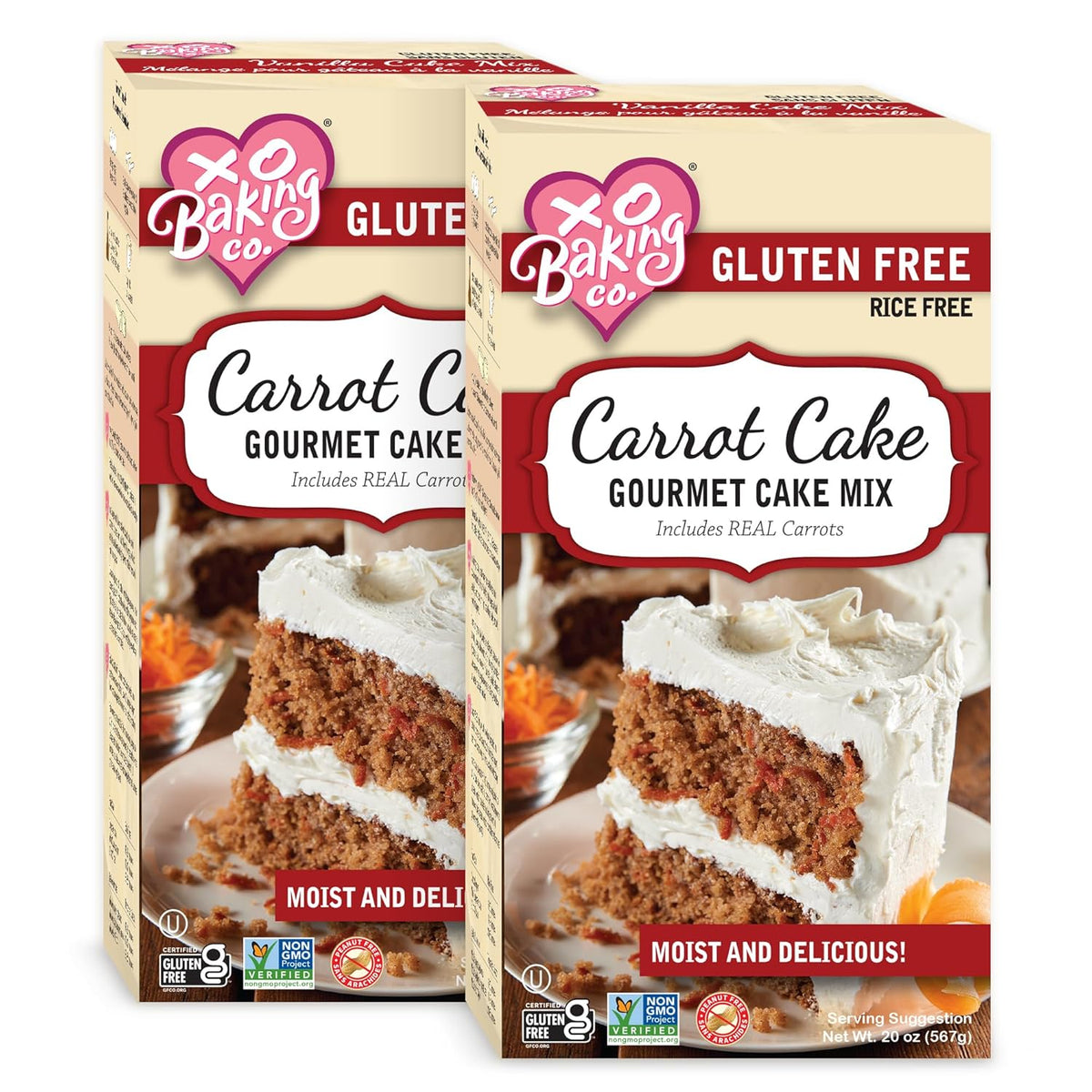XO Baking Co. Gluten Free Carrot Cake Gourmet Cake Mix; Contains Real Carrots; Non-GMO; Kosher; Rice Free; Soy Free; Dairy Free; Peanut Free; No Preservatives; No Artificial Flavors or Colors, 2-Pack