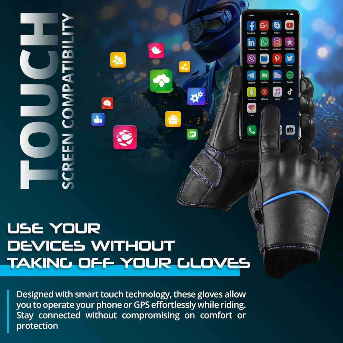 aasportx Motorcycle Gloves - Men's Leather Motorbike Gloves with Touchscreen Function - Non-Slip Pads for Men & Women