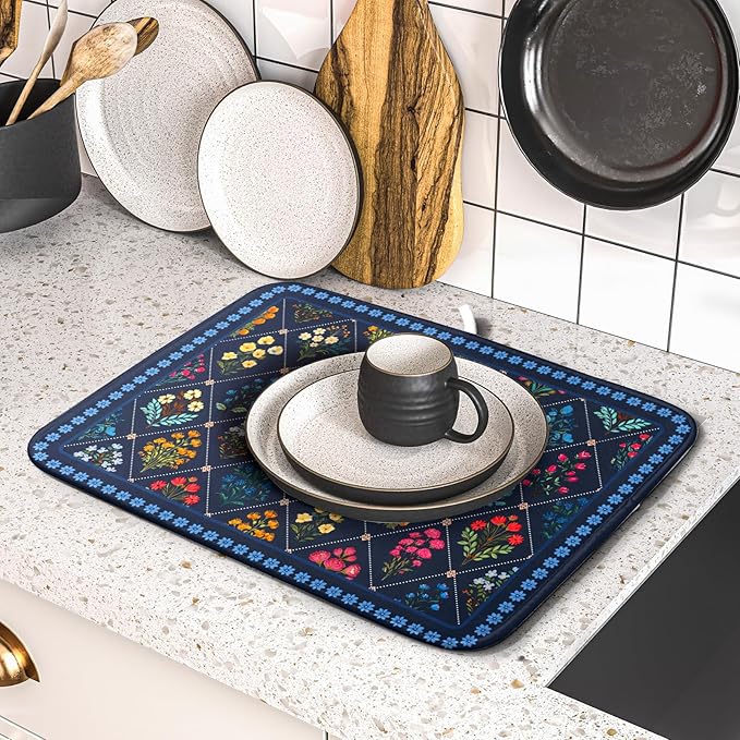 Lapis Blue Dish Drying Mat for Kitchen Counter Flowers Microfiber Absorbent Dish Draining Reusable Washable Small