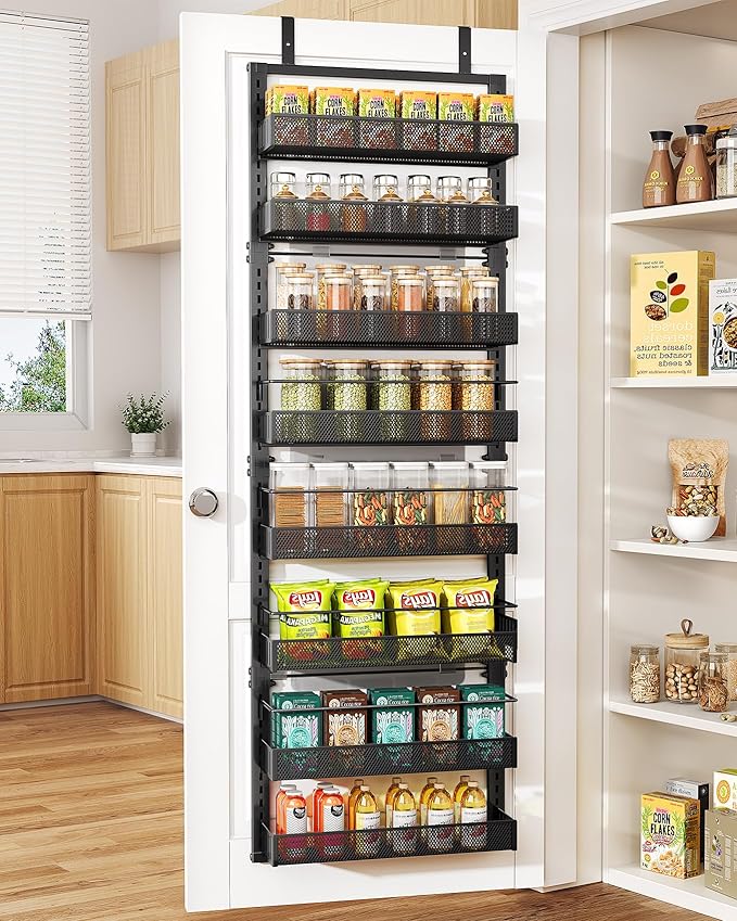 SNTD 8 Tiers Over the Door Organizer - Height Adjustable Pantry Organizers and Storage with Dense Mesh Baskets, Anti-Swing Hanging Door Spice Rack for Kitchen Bathroom (Black, 17" W x 6" D x 69" H)