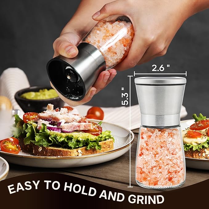 Stainless Steel Salt and Pepper Grinder Set of 2 - Pepper Mill & Salt Mill with Adjustable Coarseness - Glass Spice Shakers - Easy Clean Ceramic Grinders W/Funnel (2.6"W x 5.3"H)