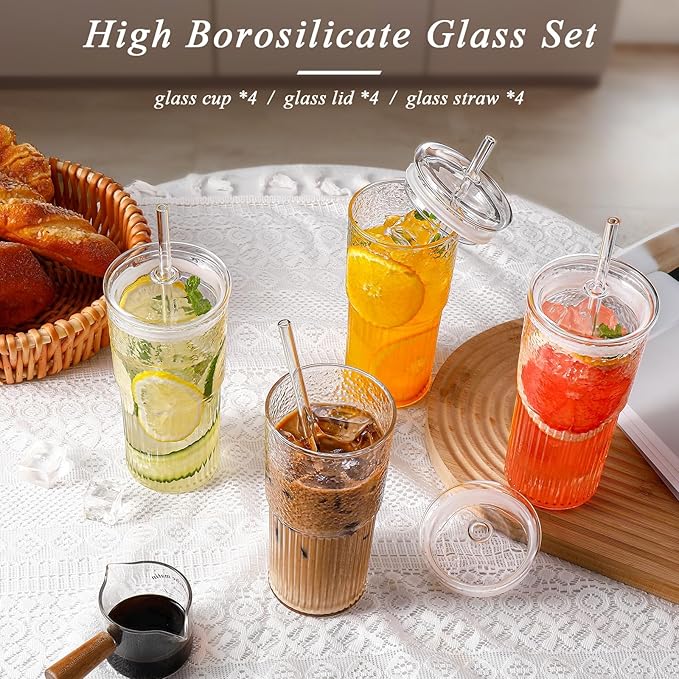 DWTS DANWEITESI Glass Cups with Lids and Straws 4 Pcs,20oz Glasses Drinking Set Vintage Textured Clear Iced Coffee Cups with Lids,Reusable Glass Tumbler with Straw and Lid for Coffee Bar Accessories
