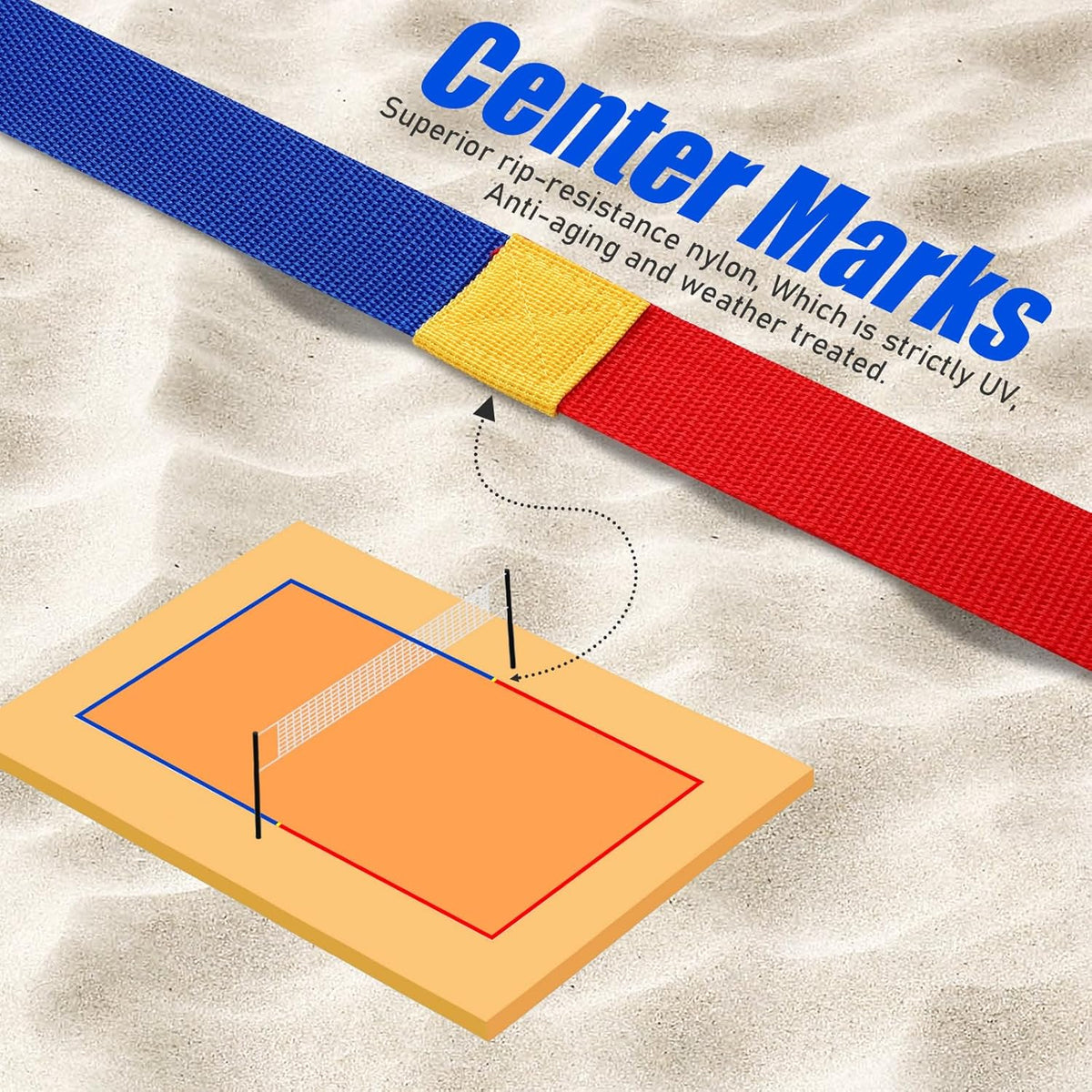 TOBWOLF 26.3' x 52.6' Beach Volleyball Lines, Volleyball Court Lines with Metal Anchors & SandBags,Highly Visible Marking Sand Lines with Metal Anchors & SandBags for Sand Outdoor Grass Backyard