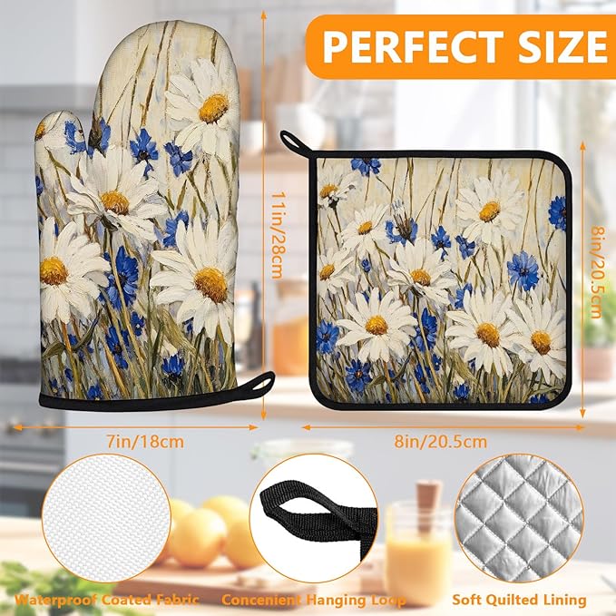 Daisy Flowers Oven Mitts and Pot Holders Sets 4Pcs,Extra Long Oven Gloves Potholder for Kitchen Cooking Baking BBQ 100% Cotton Heat Resistant