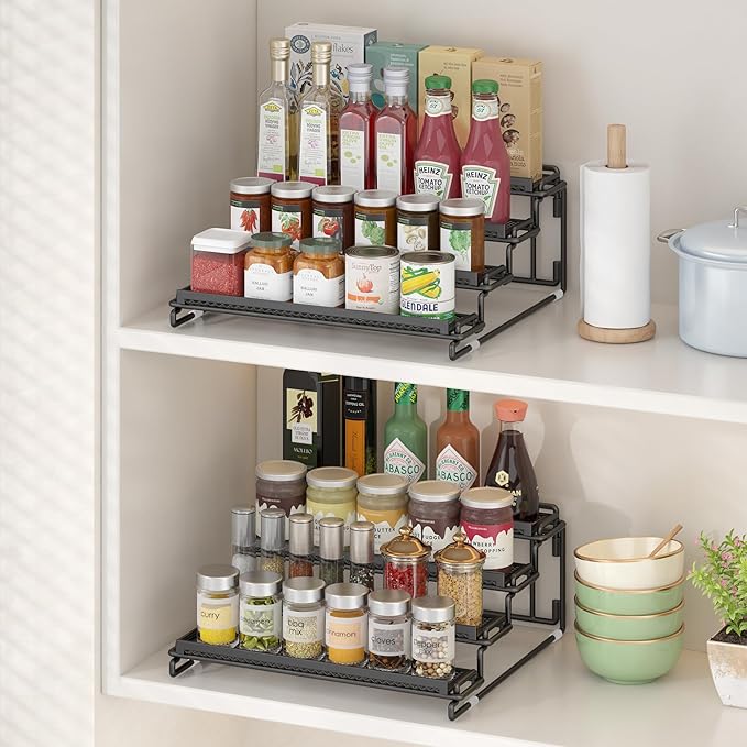 4 Tier Spice Rack Organizer for Cabinet - Black (2 Pack) | Spice Holder Shelf with Protection Railing for Inside Cabinets, Countertop, Pantry Storage & Seasoning Organization