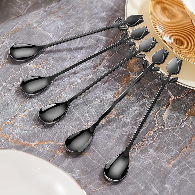 Black Tulip/Rose Handle 12-Pcs Mini Coffee Spoons Set - 6" Stainless Steel for Espresso, Tea, Dessert - Ideal for Demitasse & Small Servings