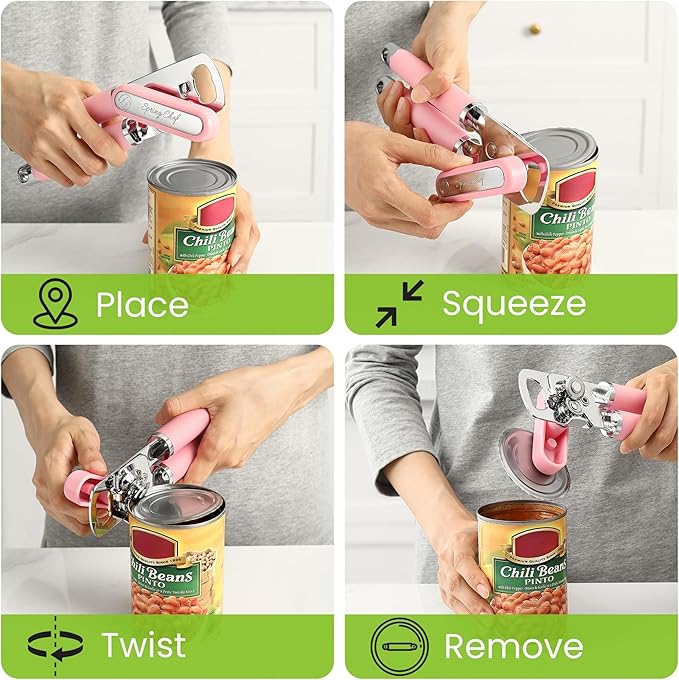 Spring Chef Stainless Steel Can Opener - Manual with Soft Grip Handles, Easy Turn, Heavy Duty Hand Can Openers for Seniors with Smooth Edge - Magnetic Lid Remover - Pink Lemonade