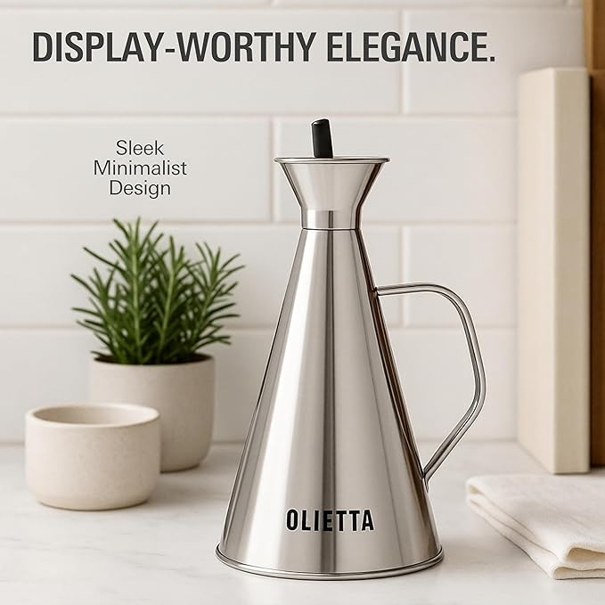 Olietta Olive Oil Dispenser Bottle Stainless Steel Non Drip Leak Proof No Mess Vinegar Pourer & Kitchen Drizzler 17 oz 500ML 0.5 Litre Great for Pouring & Drizzling Easy to Clean & Leakproof