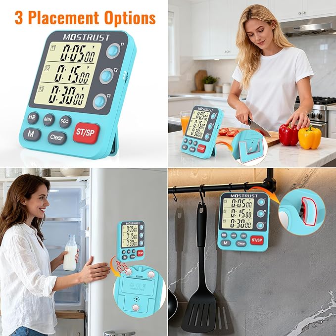Digital Dual Kitchen Timer, 3 Channels Countdown Triple Timer for Cooking, Magnetic Memory-Preset Large-Display Adjustable Alarm Volume, Multi Times Management, 3A Battery Included, Blue