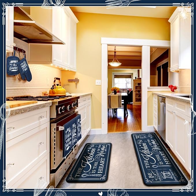 Fourluoo 10 Pcs Farmhouse Kitchen Decor and Accessories Set 4 Kitchen Towels 2 Pot Holders 2 Oven Mitts 2 Rugs for Cooking Baking Mom Housewarming Gifts(Dark Blue,Classic Style)