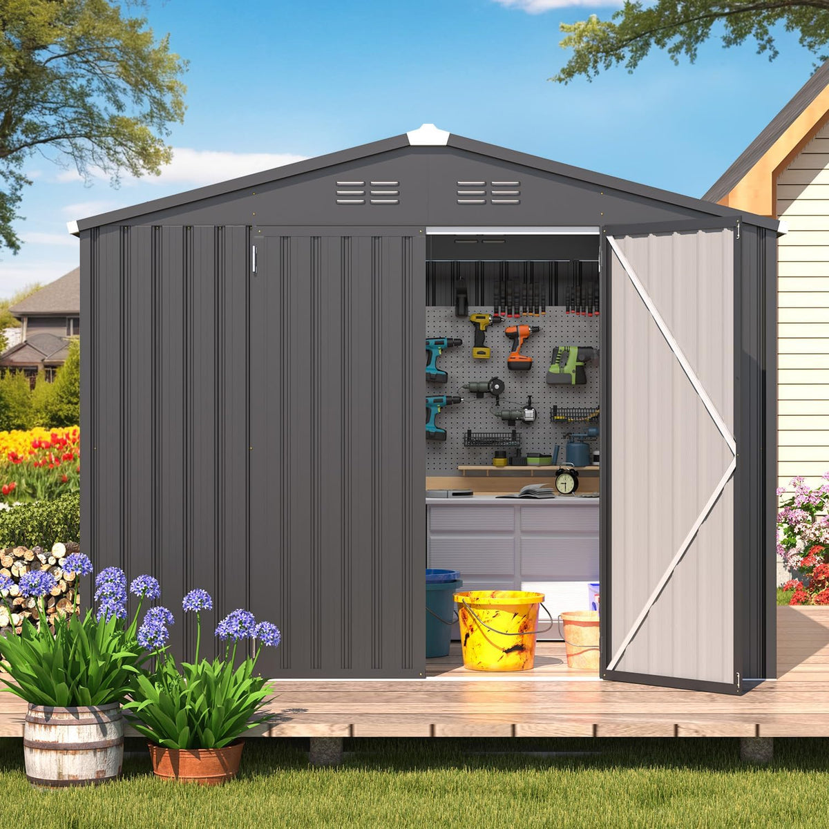 AECOJOY Shed 8' x 6' Metal Storage Shed for Outdoor, Dark Grey Steel Backyard Shed (53 Sq.Ft Land) with Design of Lockable Doors, Utility and Tool Storage for Garden, Backyard, Patio, Outside use