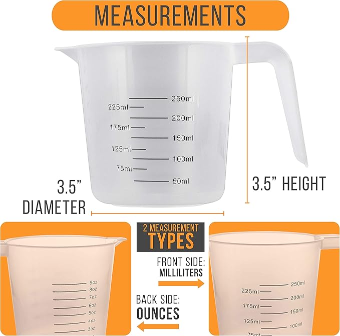 U.S. Kitchen Supply Plastic Measuring Cups with Handles - 8 oz (250 ml) Liquid Measuring Cup Set of 6 - Clear Microwave Safe Kitchen Cups - Measure in mL or Ounces, Measurement Cup for Cooking