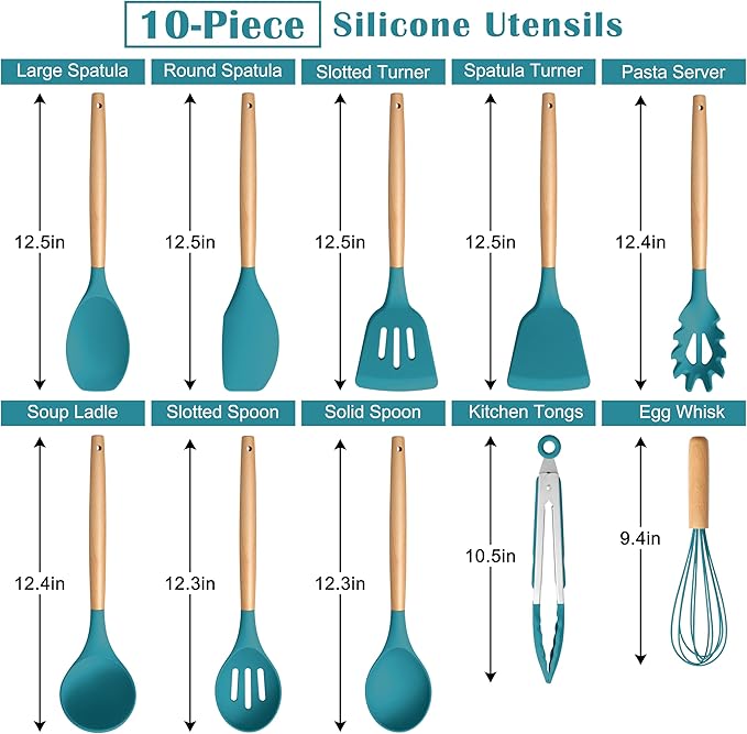 E-far Blue Silicone Cooking Utensils Set, 10-Piece Kitchen Utensils Set with Wooden Handle for Nonstick Cookware, Heat Resistant Kitchen Nonstick Tools Spatula Whisk Tongs Ladle, Non-toxic & Healthy