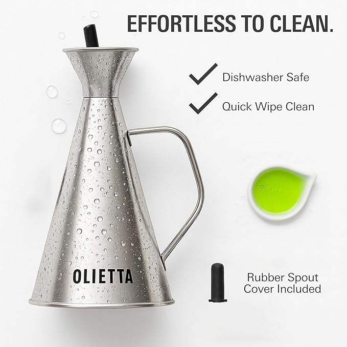 Olietta Olive Oil Dispenser Bottle Stainless Steel Non Drip Leak Proof No Mess Vinegar Pourer & Kitchen Drizzler 17 oz 500ML 0.5 Litre Great for Pouring & Drizzling Easy to Clean & Leakproof