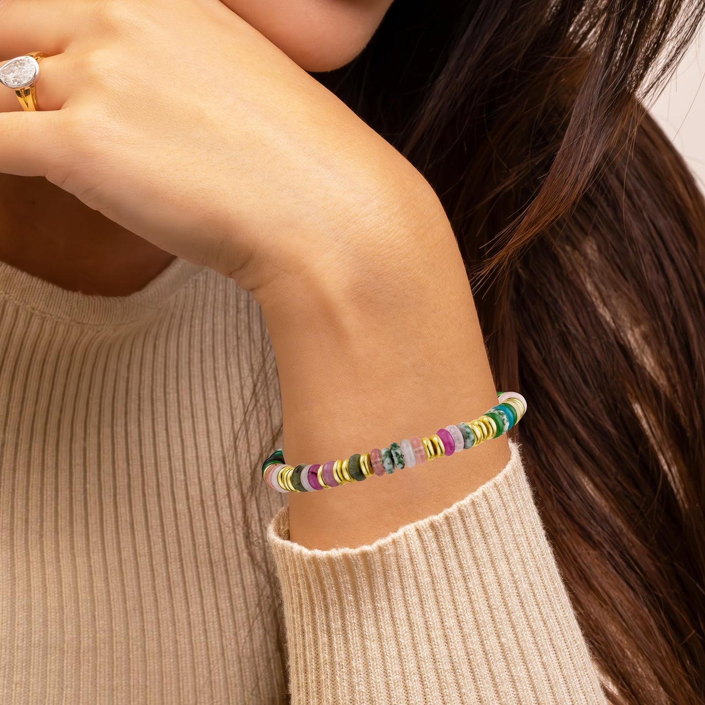 Boho Beaded Bracelets for Women, Colorful Summer Beach Bangle Bracelets, Natural Stone Rainbow Bead Bracelet, Handmade Trendy Fashion Jewelry Gifts (6MM)