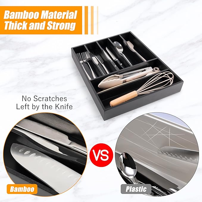 Bellsal Bamboo Silverware Drawer Organizer, Utensil Kitchen Drawer Organizer, Utensil Holder Cutlery Tray with Grooved Drawer Dividers for Kitchen Utensils and Flatware Bedroom Office (7 Slot, Black)