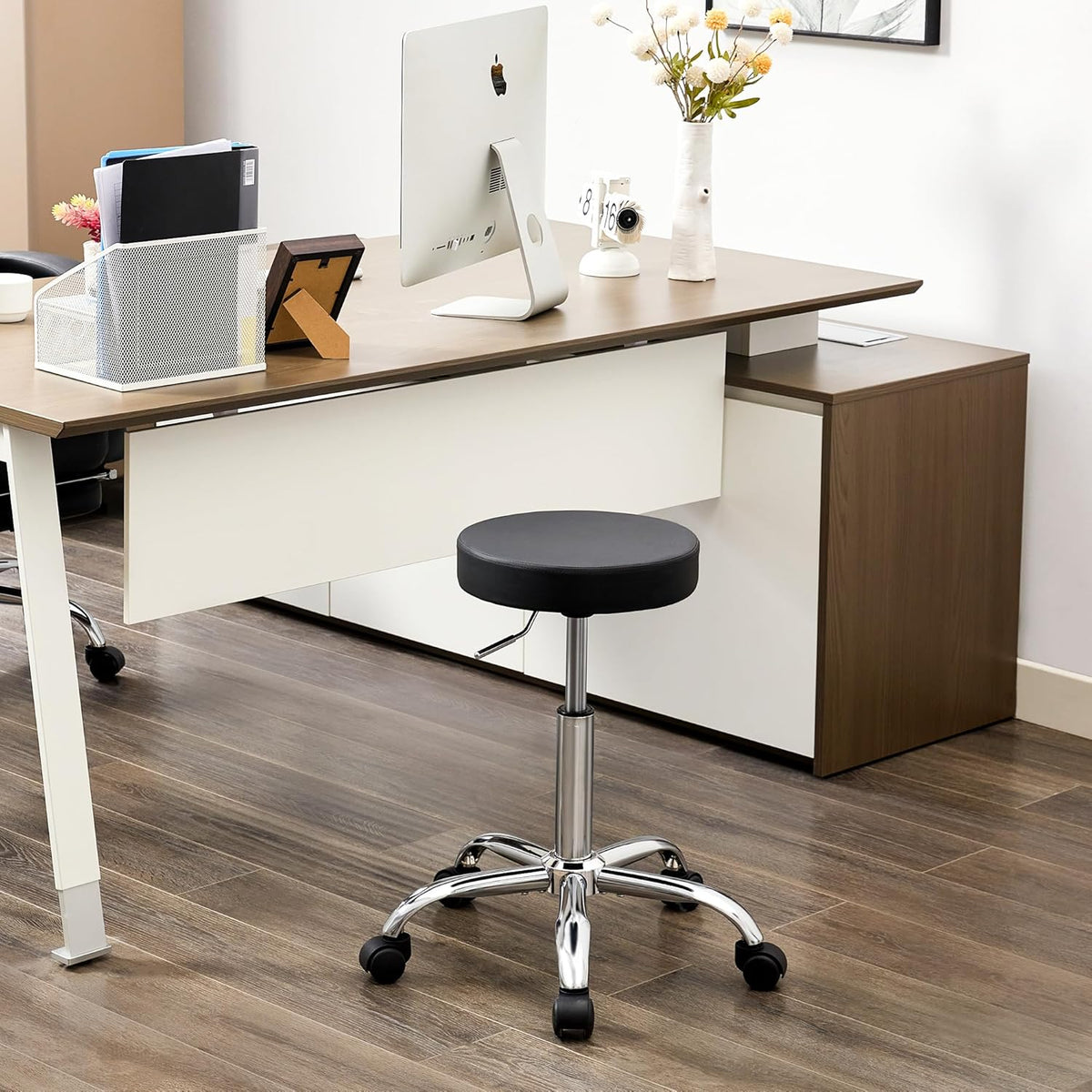 Rolling Office Stools, Adjustable Drafting Stool on Wheels 19.5’’-26.6’’, Black Ergonomic Office Chair (Black)