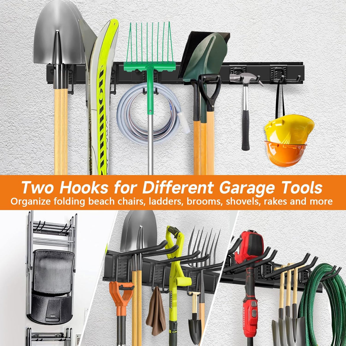 Garden Tool Organizer Wall Mount, Heavy Duty 48 Inches Garage Organization and Storage Racks for Yard Tools with 6 Hooks, Tool Hangers Holders for Hanging Folding Chair, Rake and Shovel