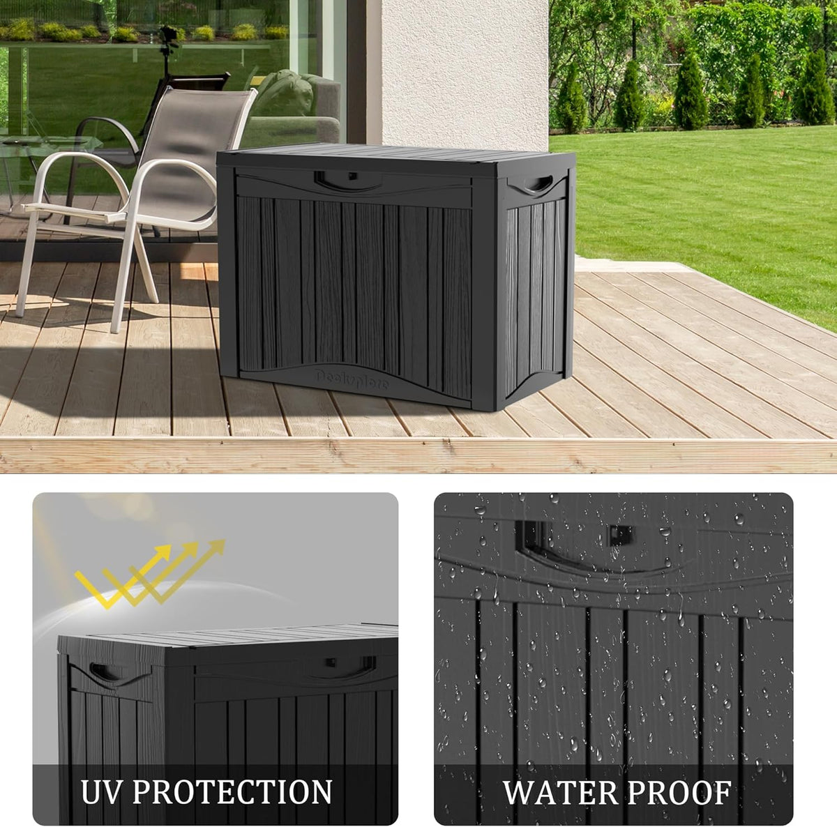 50 Gallon Lockable Resin Deck Box, Waterproof & UV-Resistant Outdoor Storage Box for Outdoor Cushion Storage, Garden Tools & Pool Accessories Storage, Black
