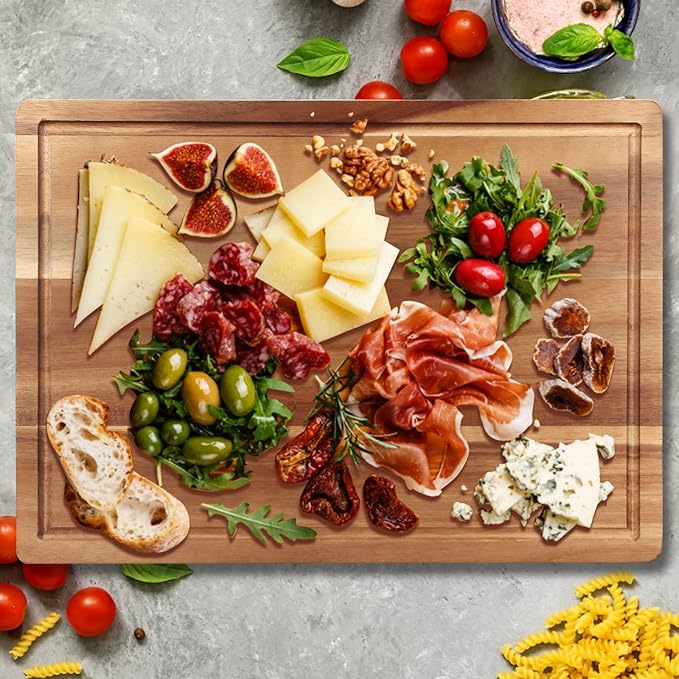 Solid Acacia Wood Cutting Boards for Kitchen Decor Wooden Charcuterie Board Meat Cheese Boards Butcher Block Pizza Bread Serving Board Hardwood Chopping Board Non Toxic Teak Small Cutting Boards