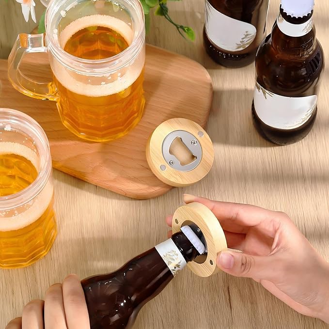 Vesici 24 Pcs Magnetic Bottle Opener 2.5in DIY Wood Round Shape Beer Openers Wooden Fridge Magnet Refrigerator Sticker Gift for Beer Lover Wedding Guest Kitchens Bars Parties