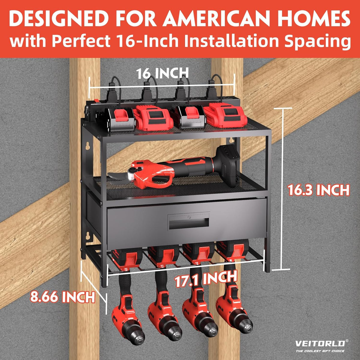 Veitorld Power Tool Organizer with Charging Station, Garage Tool Storage Organizer Built in 8 Outlet Power Strip with Drawers, 6 Drill Holder Wall Mount, Gifts for Men Dad Husband Him Fathers Day