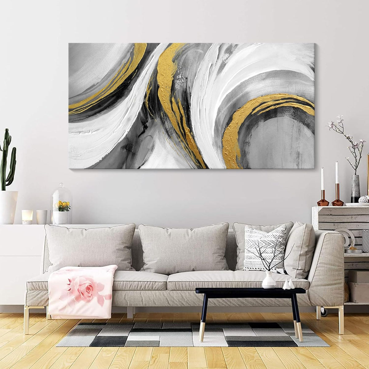 Abstract Bedroom Wall Art - Black and White Grey Abstract Gold Foil Hand Painted Texture Modern Canvas paintings for Living Room Kitchen Hallway Office Wall Decor 20x40 IN