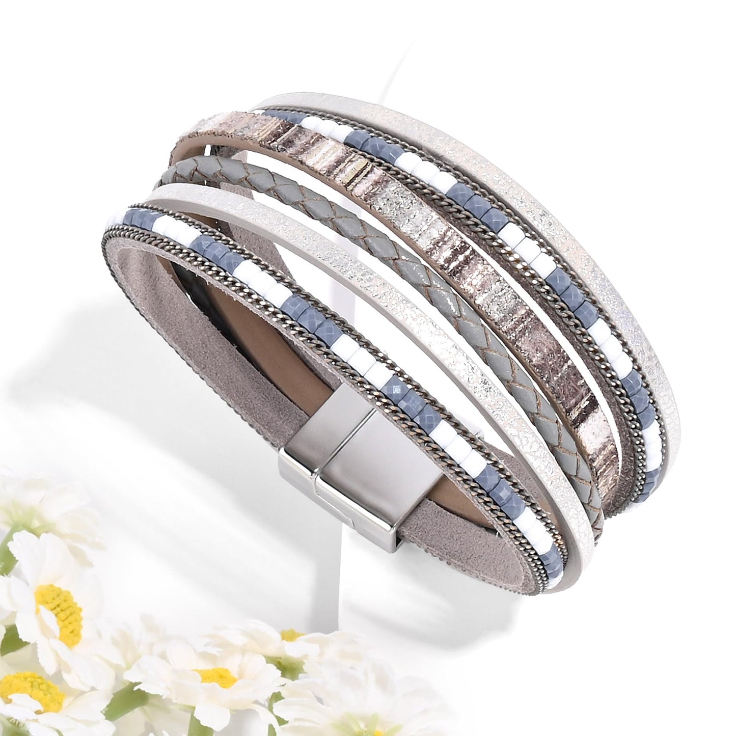VIBILIA Boho Leather Wrap Bracelets for Women Trendy Layered Multi-Layer Bracelets with Strong Clasp Jewelry for Women-Gray