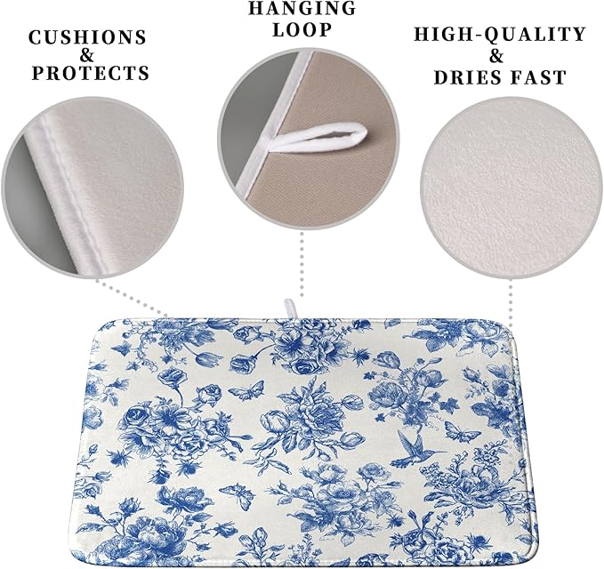 Dish Drying Mat for Kitchen Counter Blue and White Floral Drying Mats Chinoiserie Vintage Flowers Dish Drying Pad for Dishes Microfiber Absorbent Dish Drainer Rack Mat for Countertop 16x18 Inch