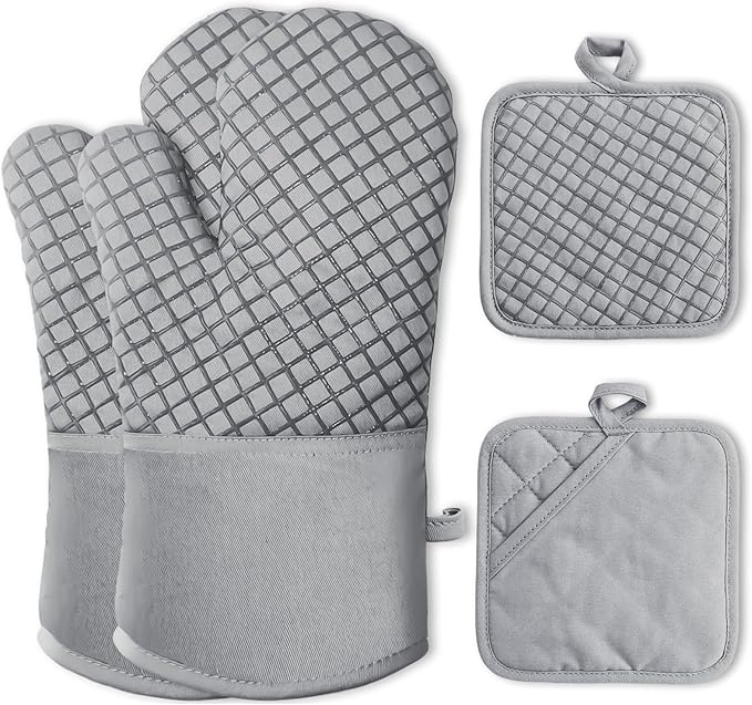 4 Pcs Oven Mitts and Pot Holders,High Heat Resistant 500 Degree Glove with Silicone Non-Slip Surface,Extra Thicken Long Kitchen Cotton Oven Glove for Baking,Cooking,Grilling(Light Gray)