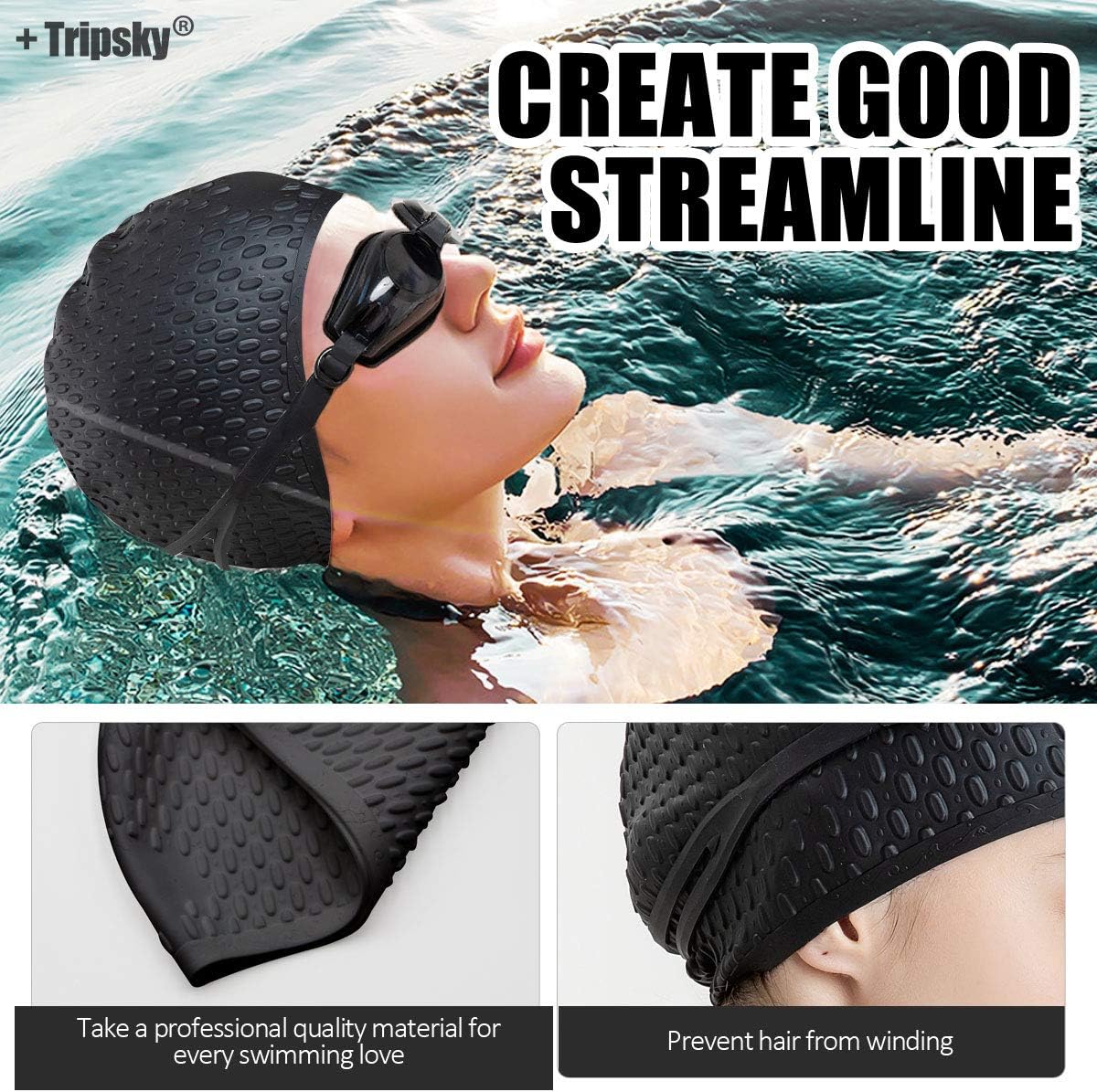Tripsky Silicone Swim Cap,Comfortable Bathing Cap Ideal for Curly Short Medium Long Hair, Swimming Cap for Women and Men, Shower Caps Keep Hairstyle Unchanged…